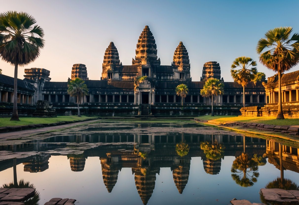 Templo antigo de Angkor Wat em Siem Reap refletido em um lago calmo, cercado por vegetação verde sob luz suave do entardecer.