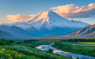 Vista do Monte Ararat com picos cobertos de neve, um vale verde com flores silvestres e um rio serpenteando sob um céu claro ao amanhecer.