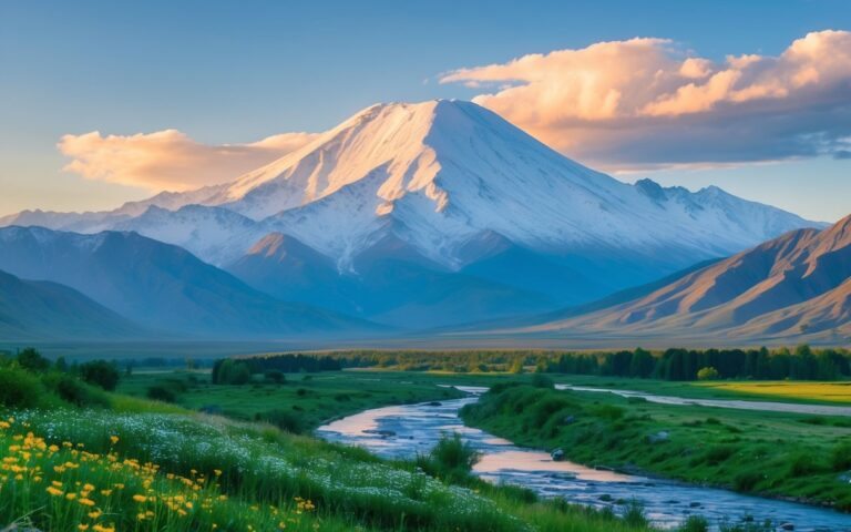 Vista do Monte Ararat com picos cobertos de neve, um vale verde com flores silvestres e um rio serpenteando sob um céu claro ao amanhecer.