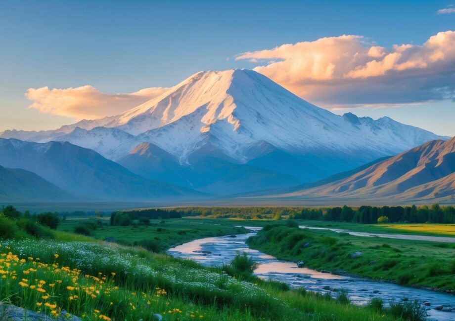 Vista do Monte Ararat com picos cobertos de neve, um vale verde com flores silvestres e um rio serpenteando sob um céu claro ao amanhecer.