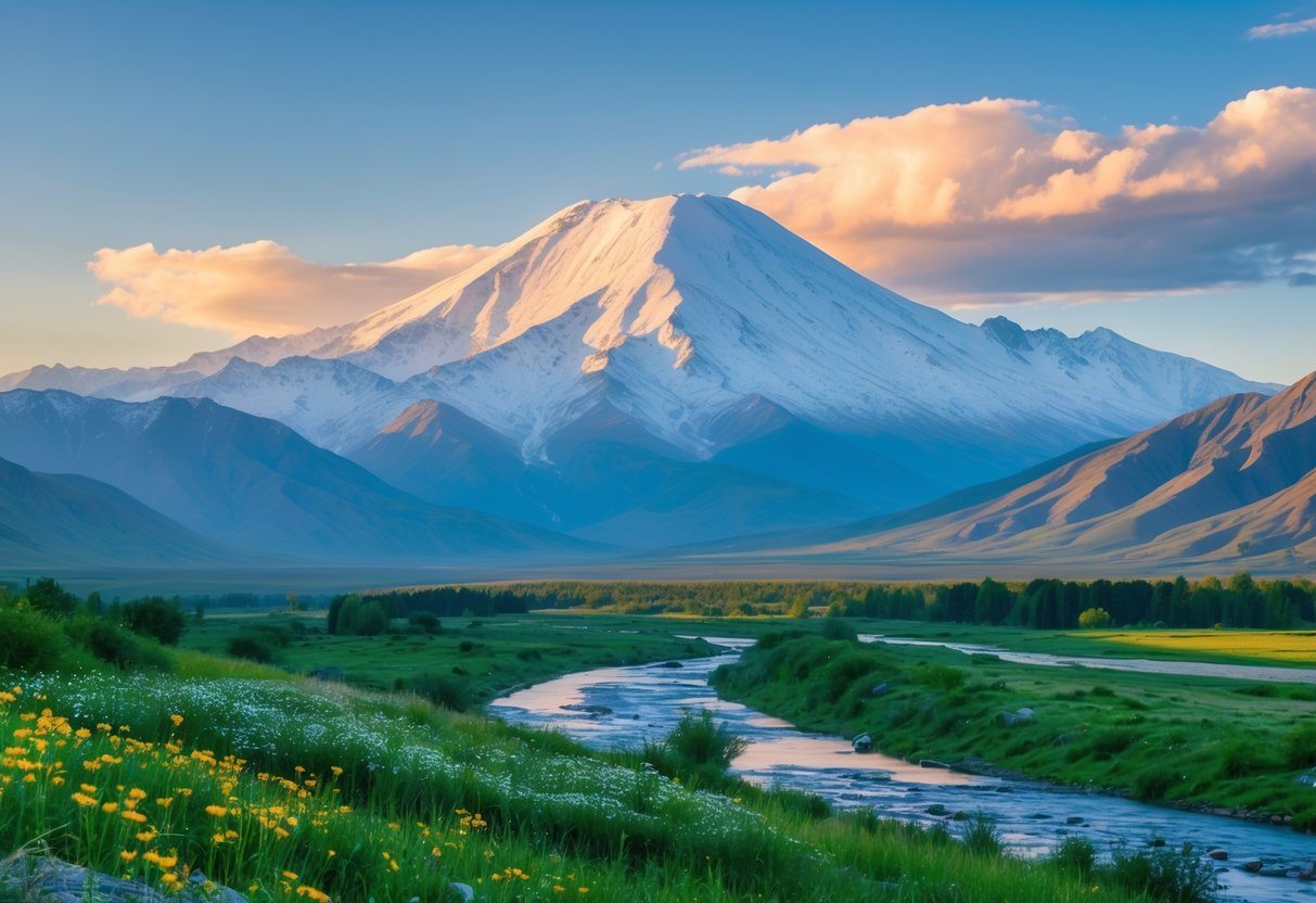 Vista do Monte Ararat com picos cobertos de neve, um vale verde com flores silvestres e um rio serpenteando sob um céu claro ao amanhecer.