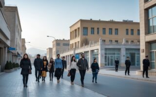 Rua movimentada em Tashkent com pessoas caminhando e um policial ao fundo observando a área.