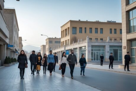 Rua movimentada em Tashkent com pessoas caminhando e um policial ao fundo observando a área.