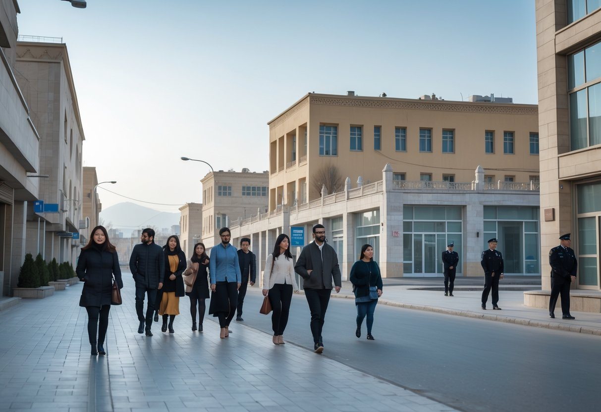 Rua movimentada em Tashkent com pessoas caminhando e um policial ao fundo observando a área.