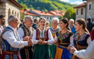 Grupo diversificado de pessoas dos Balcãs vestindo roupas tradicionais, sorrindo e interagindo em um ambiente ao ar livre com arquitetura histórica ao fundo.