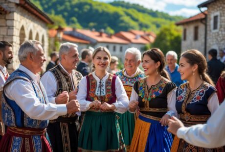 Grupo diversificado de pessoas dos Balcãs vestindo roupas tradicionais, sorrindo e interagindo em um ambiente ao ar livre com arquitetura histórica ao fundo.