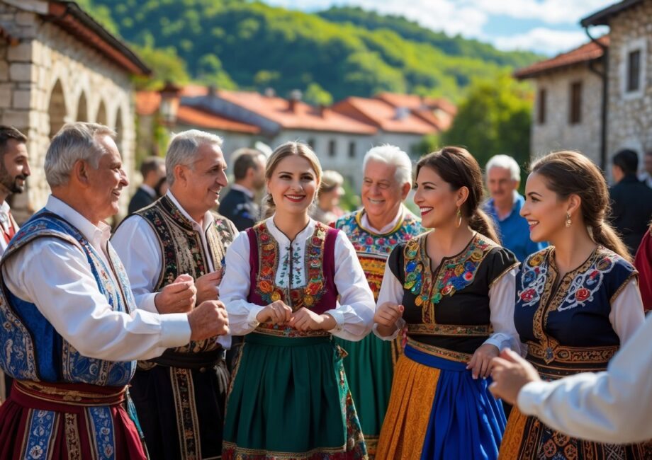 Grupo diversificado de pessoas dos Balcãs vestindo roupas tradicionais, sorrindo e interagindo em um ambiente ao ar livre com arquitetura histórica ao fundo.