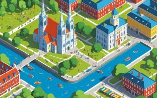 Vista da cidade de Uppsala com a catedral, pessoas em parques, mercado ao ar livre, rio com barcos e casas tradicionais ao fundo.