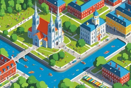 Vista da cidade de Uppsala com a catedral, pessoas em parques, mercado ao ar livre, rio com barcos e casas tradicionais ao fundo.