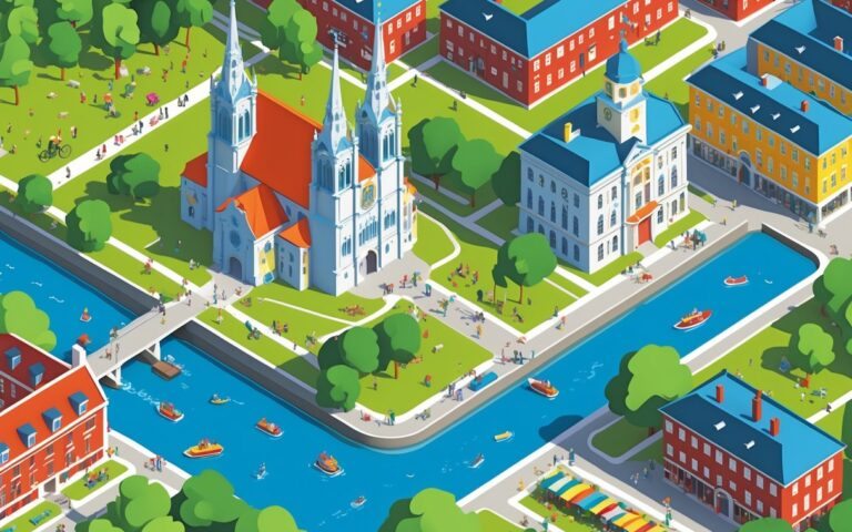 Vista da cidade de Uppsala com a catedral, pessoas em parques, mercado ao ar livre, rio com barcos e casas tradicionais ao fundo.