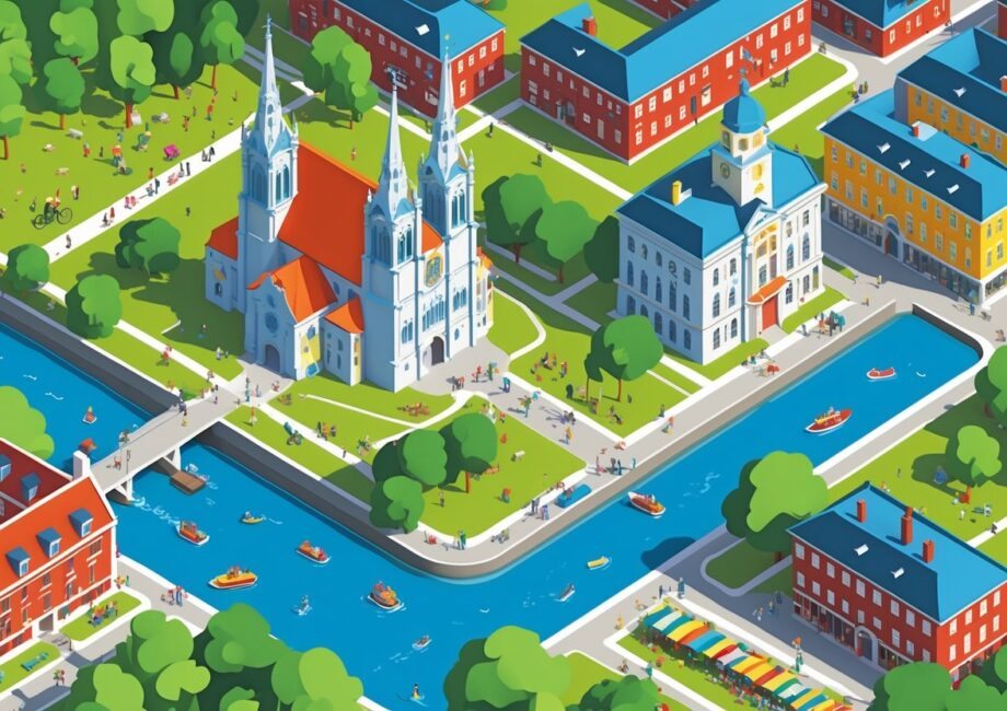 Vista da cidade de Uppsala com a catedral, pessoas em parques, mercado ao ar livre, rio com barcos e casas tradicionais ao fundo.