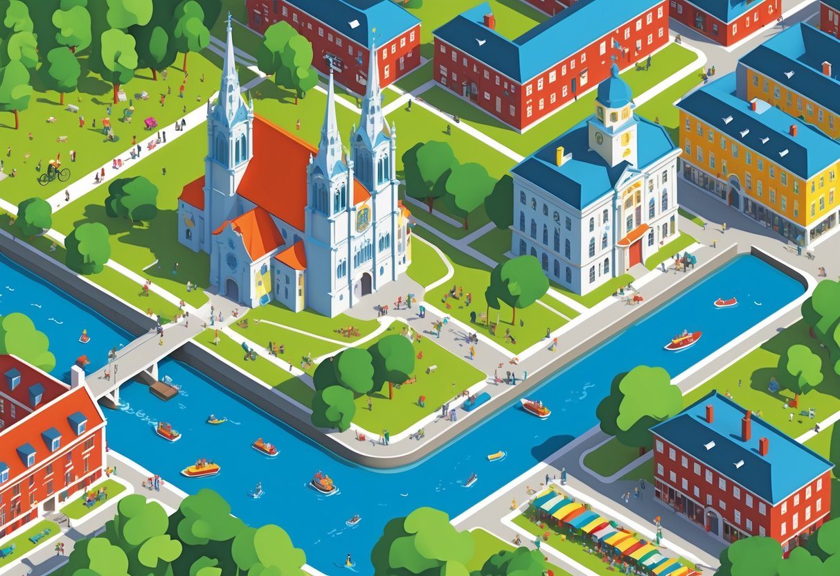 Vista da cidade de Uppsala com a catedral, pessoas em parques, mercado ao ar livre, rio com barcos e casas tradicionais ao fundo.