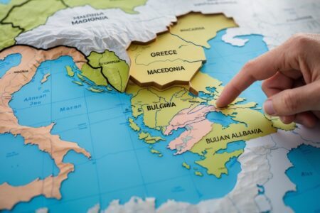 Mapa moderno da Península Balcânica destacando a região da Macedônia com uma mão apontando para ela.