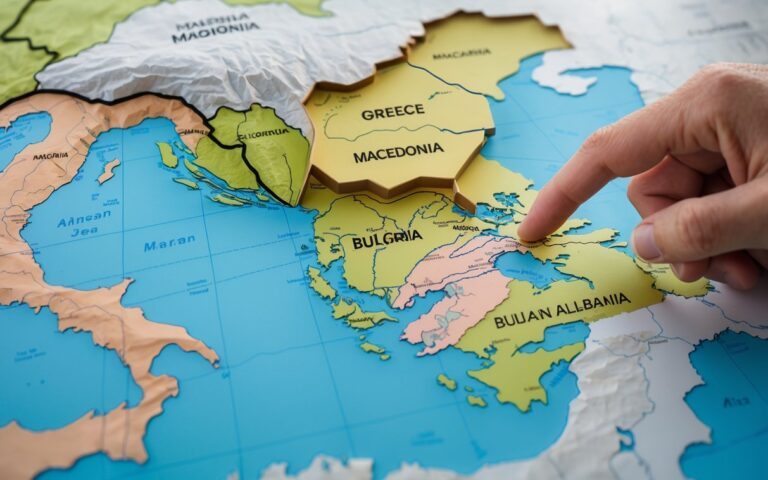 Mapa moderno da Península Balcânica destacando a região da Macedônia com uma mão apontando para ela.