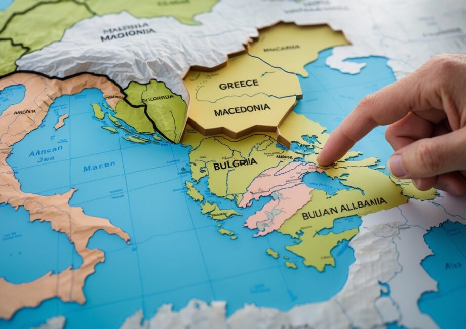 Mapa moderno da Península Balcânica destacando a região da Macedônia com uma mão apontando para ela.