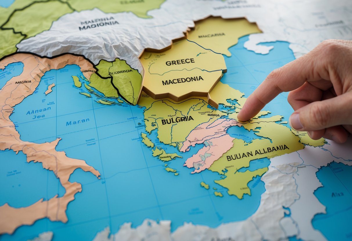 Mapa moderno da Península Balcânica destacando a região da Macedônia com uma mão apontando para ela.