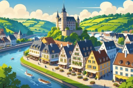 Vista da cidade de Cochem na Alemanha com castelo no topo da colina, casas tradicionais ao lado do rio e vinhedos ao fundo.