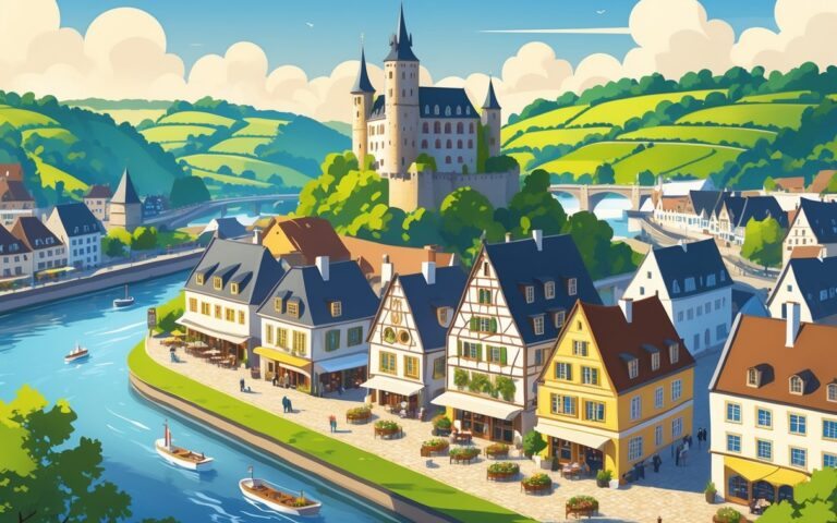 Vista da cidade de Cochem na Alemanha com castelo no topo da colina, casas tradicionais ao lado do rio e vinhedos ao fundo.