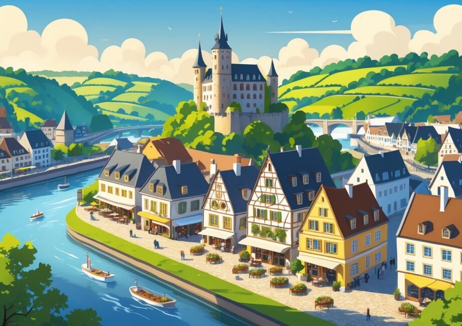 Vista da cidade de Cochem na Alemanha com castelo no topo da colina, casas tradicionais ao lado do rio e vinhedos ao fundo.