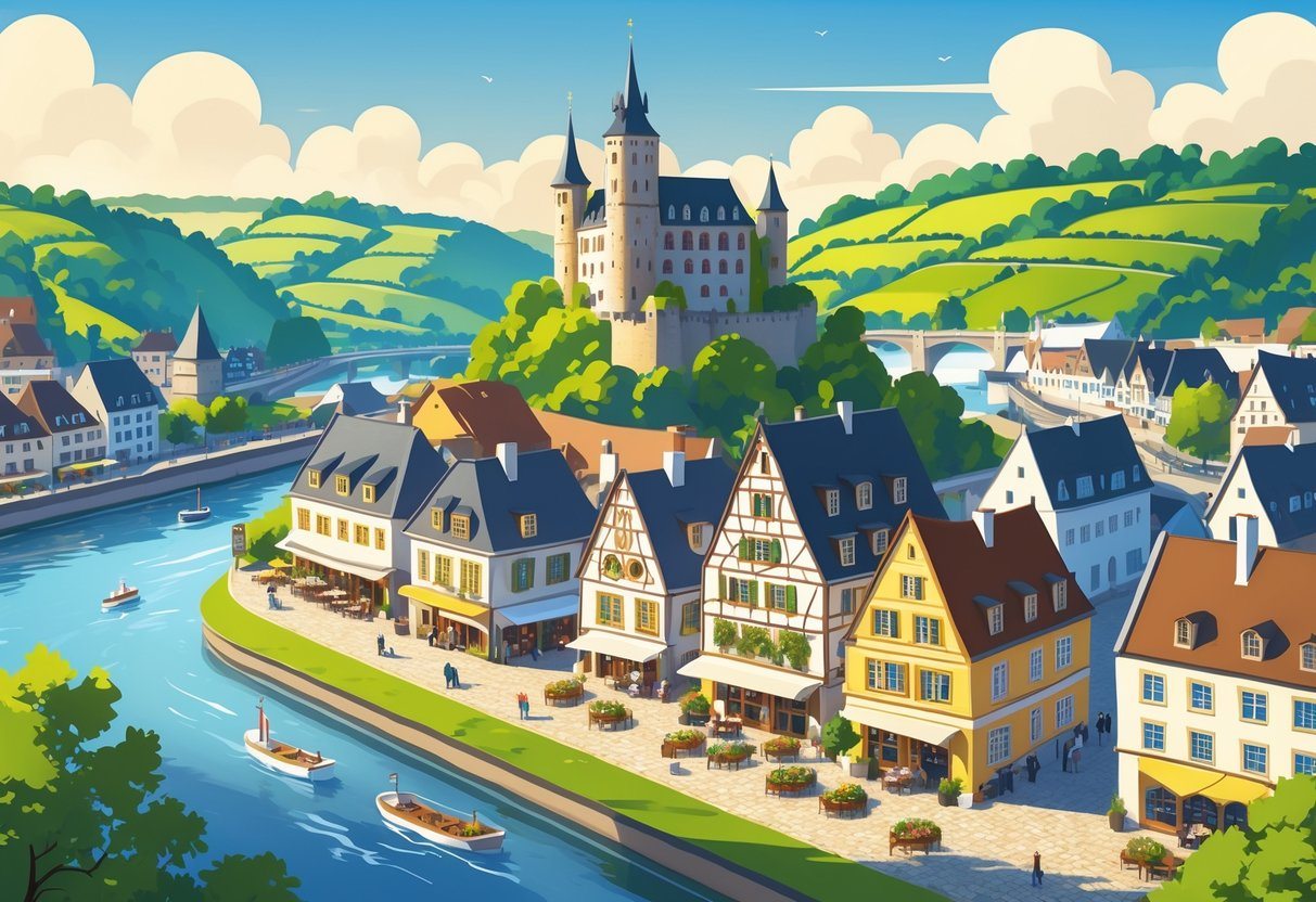 Vista da cidade de Cochem na Alemanha com castelo no topo da colina, casas tradicionais ao lado do rio e vinhedos ao fundo.