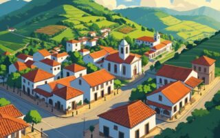 Vista de uma pequena cidade histórica com casas coloniais, ruas de pedra, uma igreja central e colinas verdes ao redor.