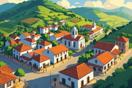 Vista de uma pequena cidade histórica com casas coloniais, ruas de pedra, uma igreja central e colinas verdes ao redor.