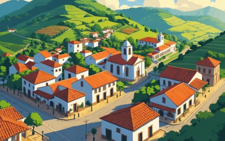 Vista de uma pequena cidade histórica com casas coloniais, ruas de pedra, uma igreja central e colinas verdes ao redor.