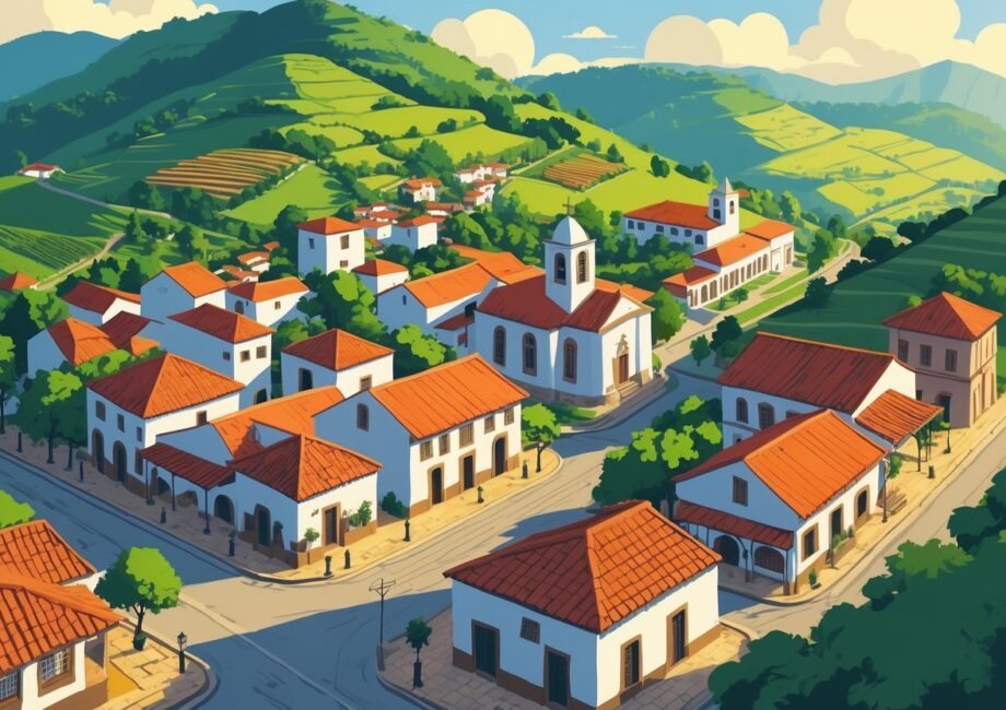 Vista de uma pequena cidade histórica com casas coloniais, ruas de pedra, uma igreja central e colinas verdes ao redor.