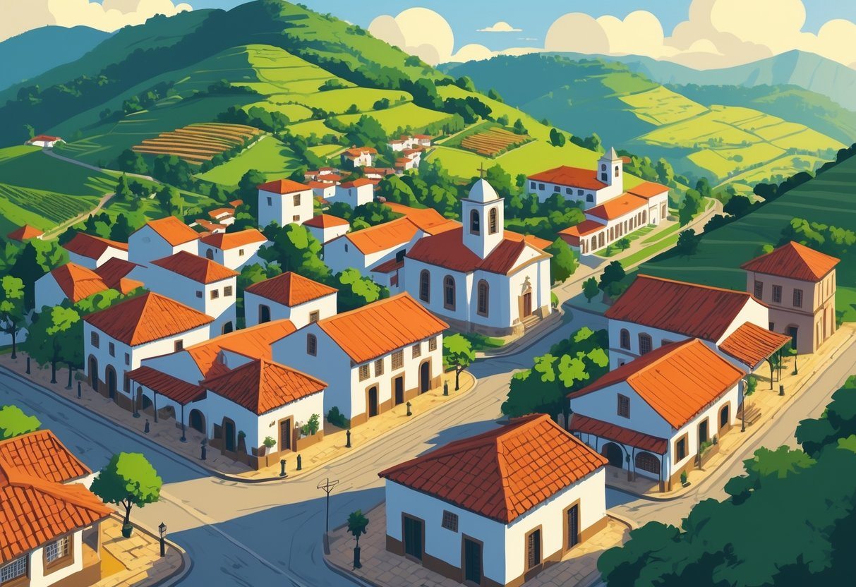 Vista de uma pequena cidade histórica com casas coloniais, ruas de pedra, uma igreja central e colinas verdes ao redor.