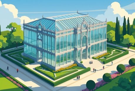 Ilustração do Palácio de Cristal em Porto cercado por jardins verdes e pessoas caminhando em caminhos pavimentados.