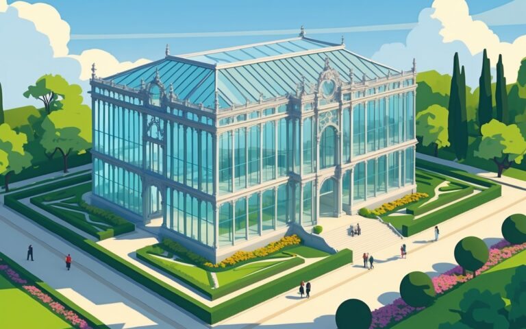 Ilustração do Palácio de Cristal em Porto cercado por jardins verdes e pessoas caminhando em caminhos pavimentados.