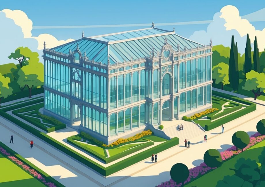 Ilustração do Palácio de Cristal em Porto cercado por jardins verdes e pessoas caminhando em caminhos pavimentados.
