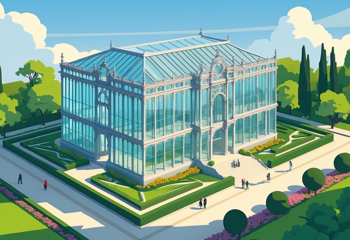 Ilustração do Palácio de Cristal em Porto cercado por jardins verdes e pessoas caminhando em caminhos pavimentados.