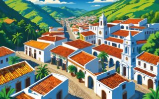 Vista da cidade de Serro em Minas Gerais com casas coloniais, ruas de pedra e colinas verdes ao redor.