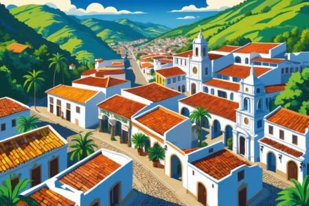 Vista da cidade de Serro em Minas Gerais com casas coloniais, ruas de pedra e colinas verdes ao redor.