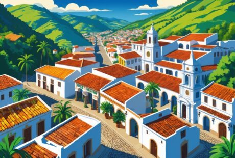 Vista da cidade de Serro em Minas Gerais com casas coloniais, ruas de pedra e colinas verdes ao redor.