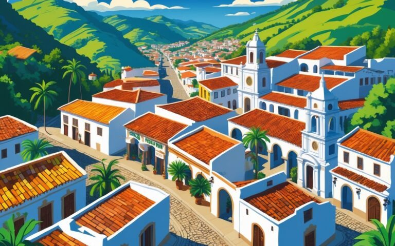 Vista da cidade de Serro em Minas Gerais com casas coloniais, ruas de pedra e colinas verdes ao redor.