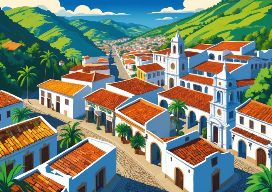 Vista da cidade de Serro em Minas Gerais com casas coloniais, ruas de pedra e colinas verdes ao redor.