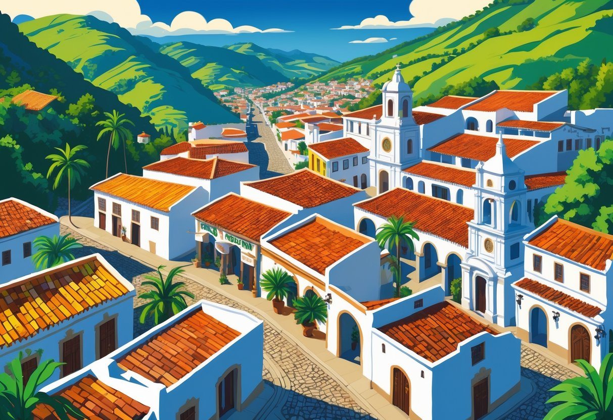 Vista da cidade de Serro em Minas Gerais com casas coloniais, ruas de pedra e colinas verdes ao redor.