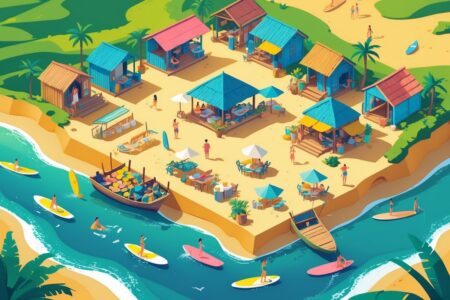 Cena da vila costeira de Punta del Diablo com praia, pessoas surfando e tomando sol, barracas coloridas, barcos de pesca, mercado local e casas rústicas cercadas por árvores.