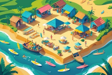 Cena da vila costeira de Punta del Diablo com praia, pessoas surfando e tomando sol, barracas coloridas, barcos de pesca, mercado local e casas rústicas cercadas por árvores.