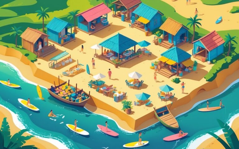 Cena da vila costeira de Punta del Diablo com praia, pessoas surfando e tomando sol, barracas coloridas, barcos de pesca, mercado local e casas rústicas cercadas por árvores.