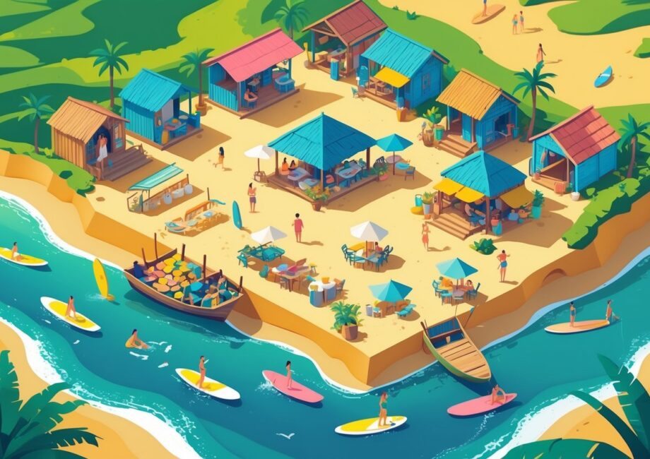 Cena da vila costeira de Punta del Diablo com praia, pessoas surfando e tomando sol, barracas coloridas, barcos de pesca, mercado local e casas rústicas cercadas por árvores.