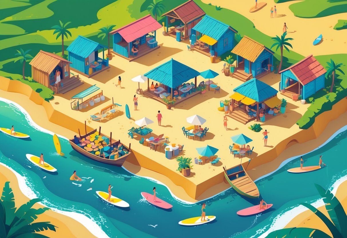 Cena da vila costeira de Punta del Diablo com praia, pessoas surfando e tomando sol, barracas coloridas, barcos de pesca, mercado local e casas rústicas cercadas por árvores.