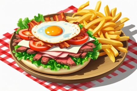 Um sanduíche chivito com carne, alface, tomate, queijo, bacon e ovo frito, acompanhado de batatas fritas em um prato de madeira sobre uma toalha xadrez vermelha e branca.