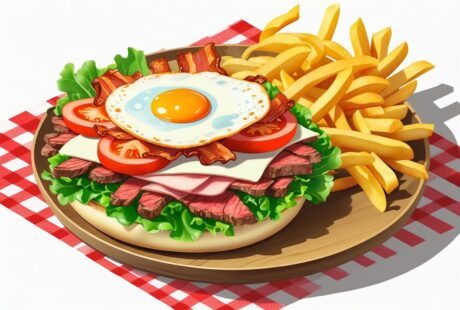 Um sanduíche chivito com carne, alface, tomate, queijo, bacon e ovo frito, acompanhado de batatas fritas em um prato de madeira sobre uma toalha xadrez vermelha e branca.