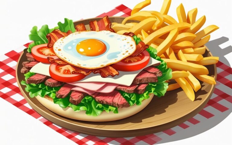 Um sanduíche chivito com carne, alface, tomate, queijo, bacon e ovo frito, acompanhado de batatas fritas em um prato de madeira sobre uma toalha xadrez vermelha e branca.