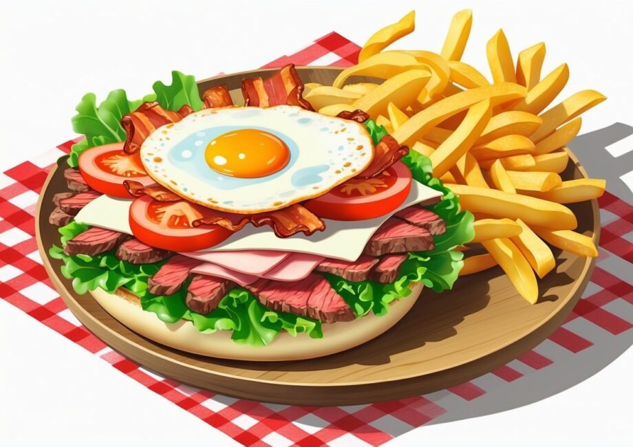 Um sanduíche chivito com carne, alface, tomate, queijo, bacon e ovo frito, acompanhado de batatas fritas em um prato de madeira sobre uma toalha xadrez vermelha e branca.