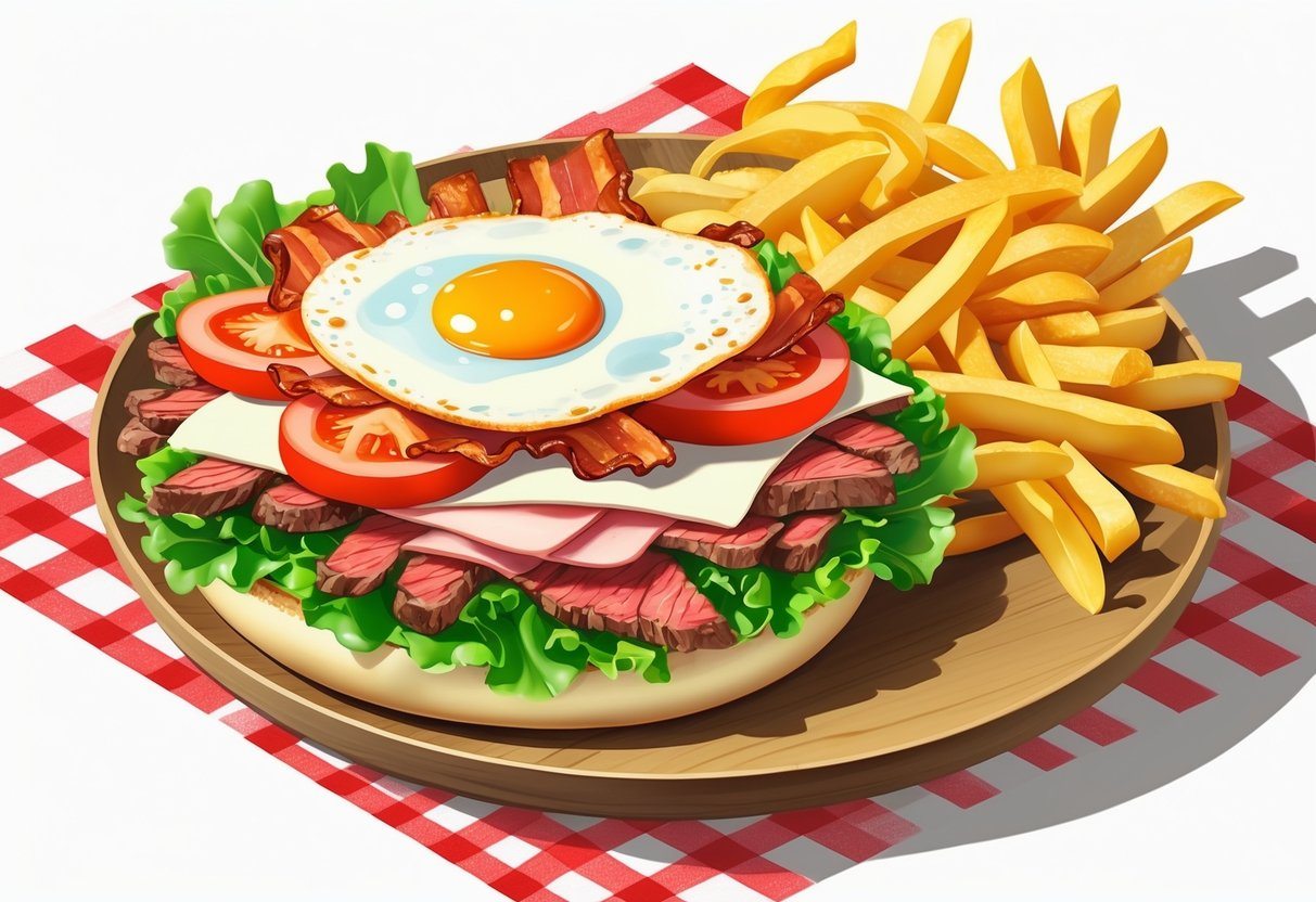 Um sanduíche chivito com carne, alface, tomate, queijo, bacon e ovo frito, acompanhado de batatas fritas em um prato de madeira sobre uma toalha xadrez vermelha e branca.