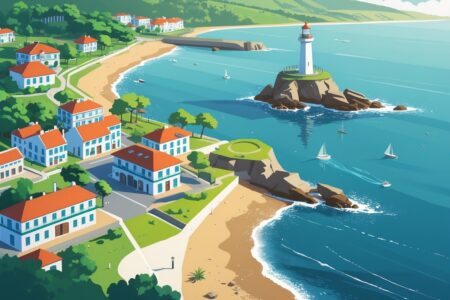 Vista da foz do rio Douro com o mar, praias, casas com telhados vermelhos, árvores, um farol e barcos no rio e no oceano.